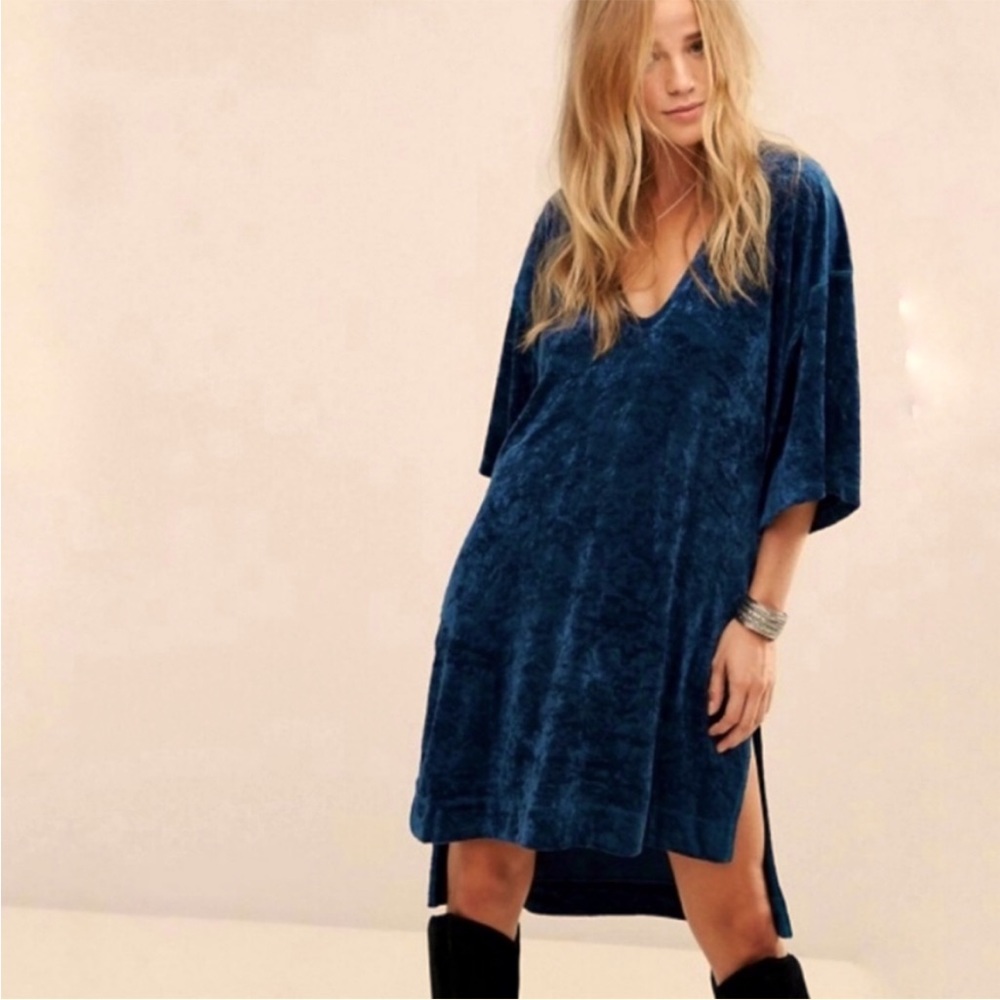 Free People We the Free Luxe Crushed Velvet Blueberry Blue Tunic Shirt Dress XS